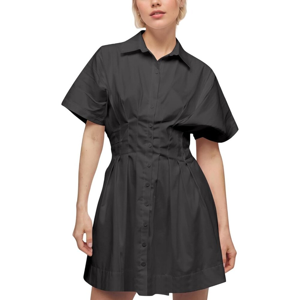 Women Summer Cotton Pleated Shirt Dress V-Neck Short Sleeve Casual Wear